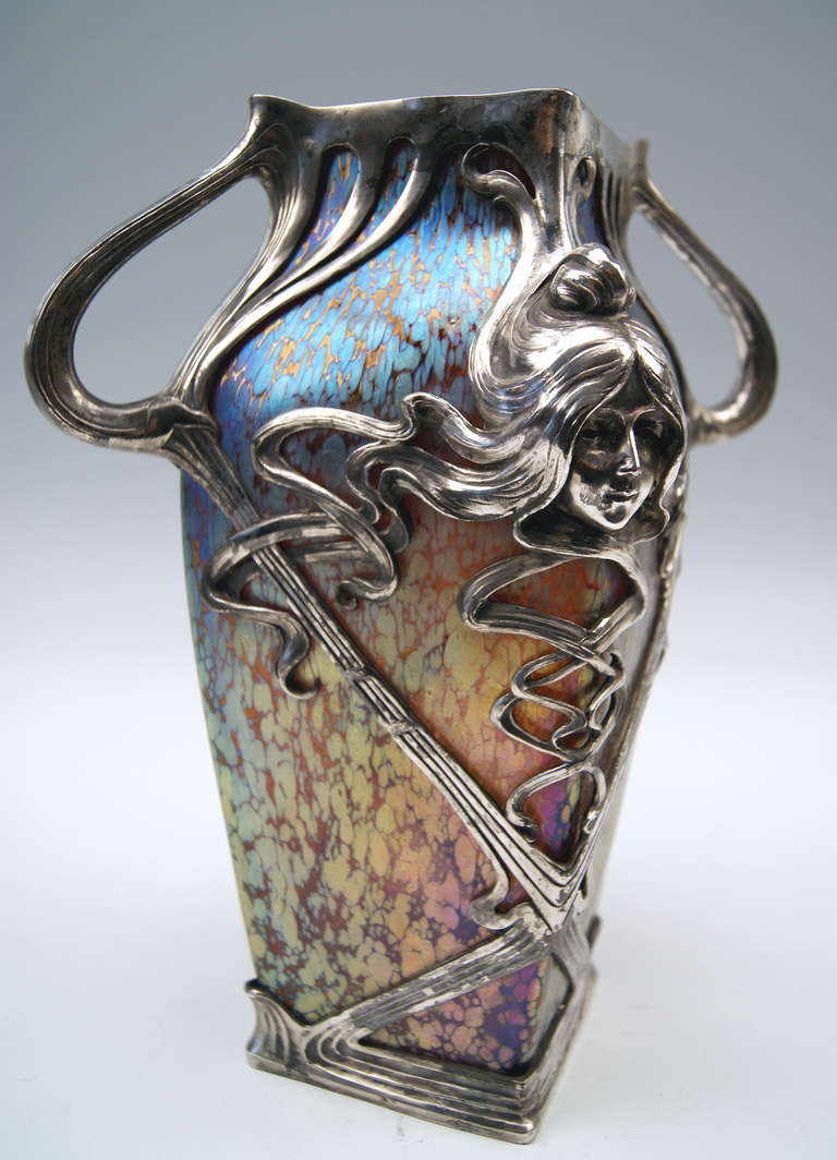 20th Century Vase Loetz Widow Klostermuehle Bohemia Art Nouveau c.1906 Candia Papillon & Gorgeous Metal Overlay