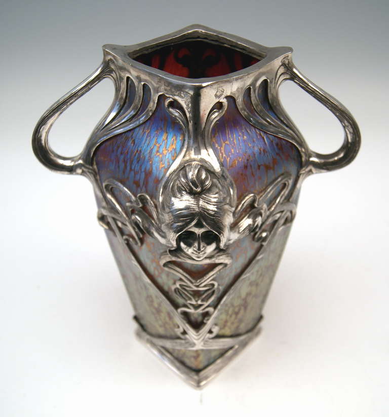 Glass Vase Loetz Widow Klostermuehle Bohemia Art Nouveau c.1906 Candia Papillon & Gorgeous Metal Overlay