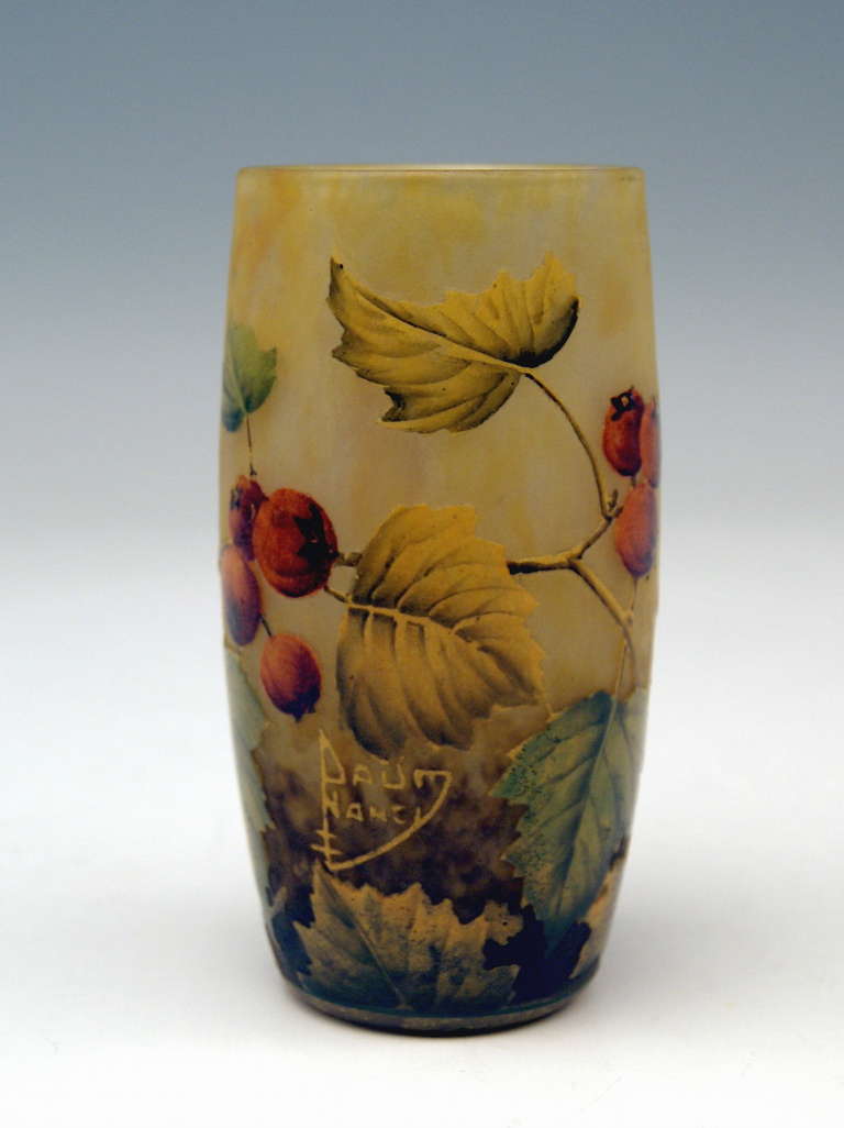 Daum Frères Nancy Art Nouveau Vase made in France / Lorraine, circa 1905 - 10. 
Stunningly manufactured casing glass with milky-orange-green powder meltings. The vase is shaped like a beaker  /  it is of slight tapering type  /   round mouth  & 