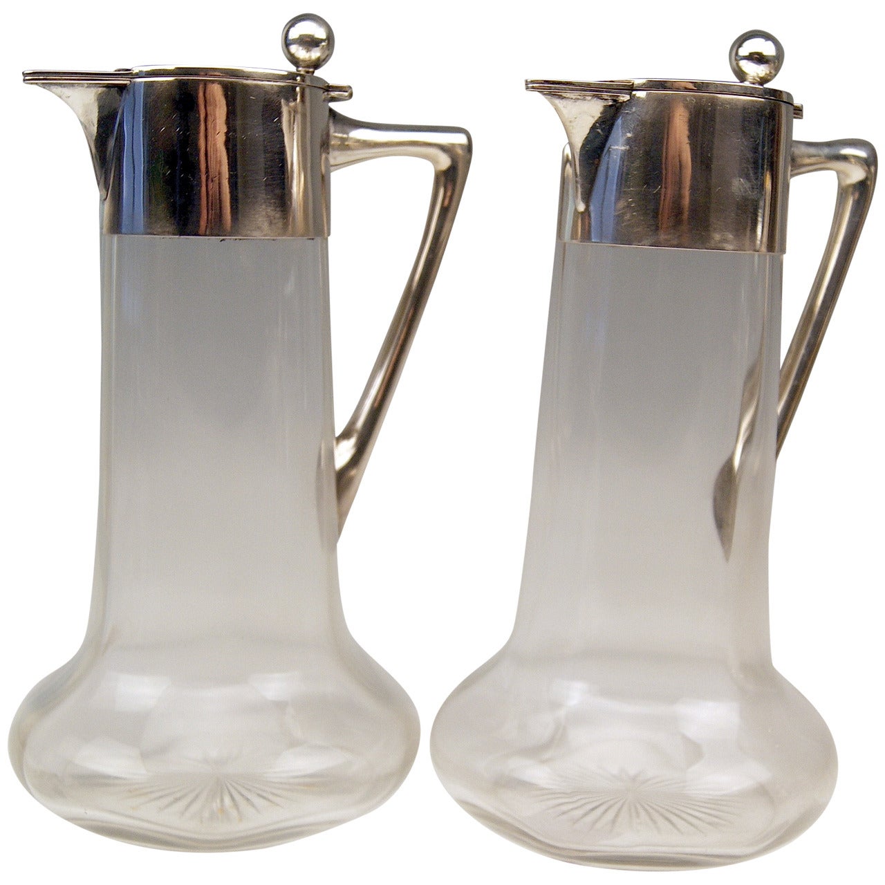 German Silver Glass Decanter Carafes with Silver Mounting by W. Binder c.1900