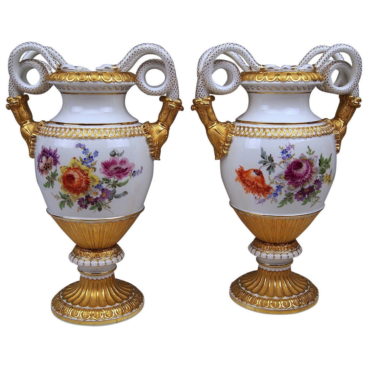 Meissen Pair of Snake Handle Vases with Flowers, circa 19241934 at 1stDibs