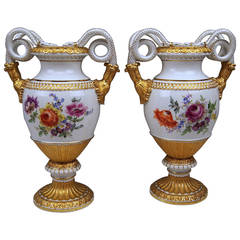 Meissen Pair of Snake Handle Vases with Flowers, circa 1924-1934
