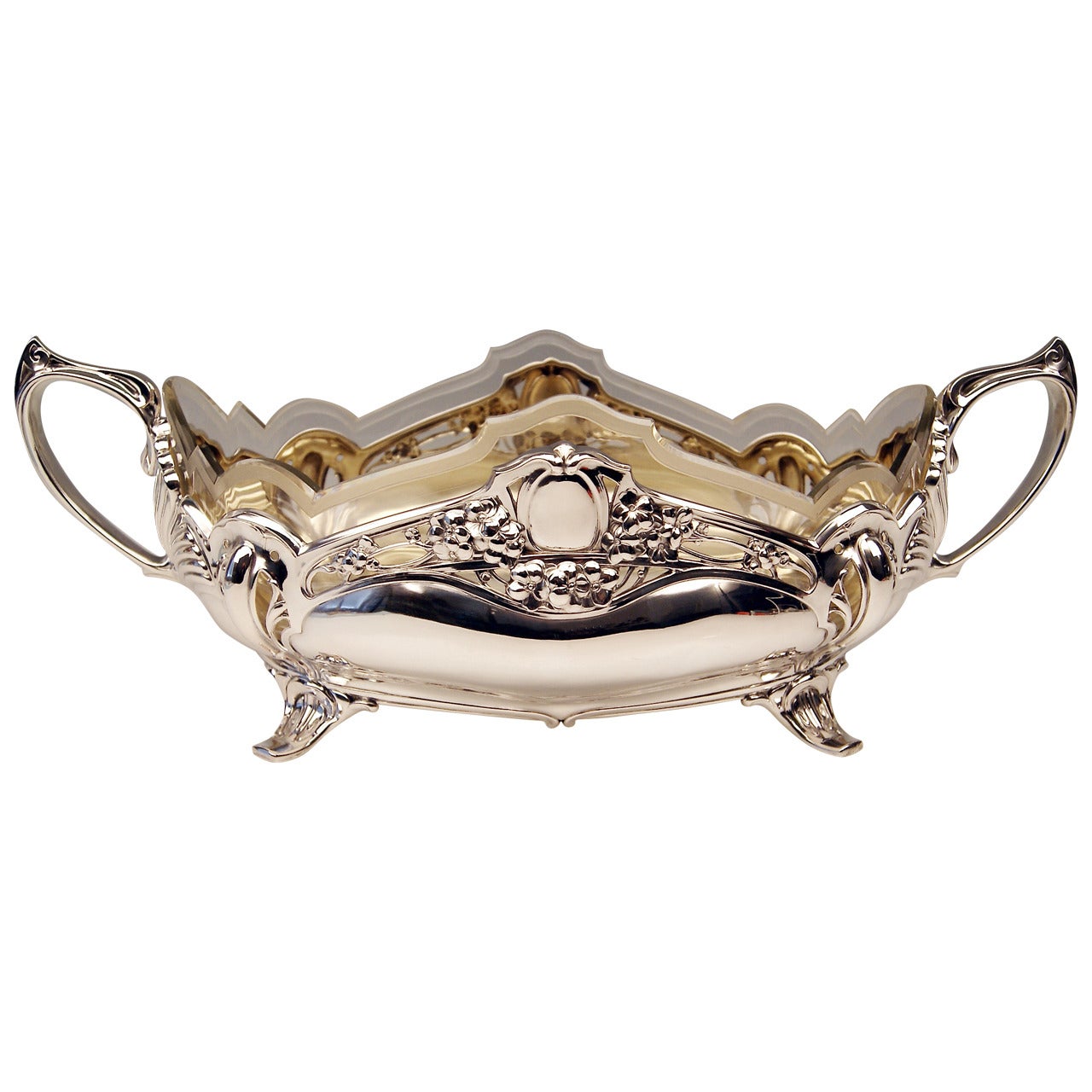 Silver Art Nouveau German Large Flower Bowl Glass Liner by Bruckmann cirac 1900