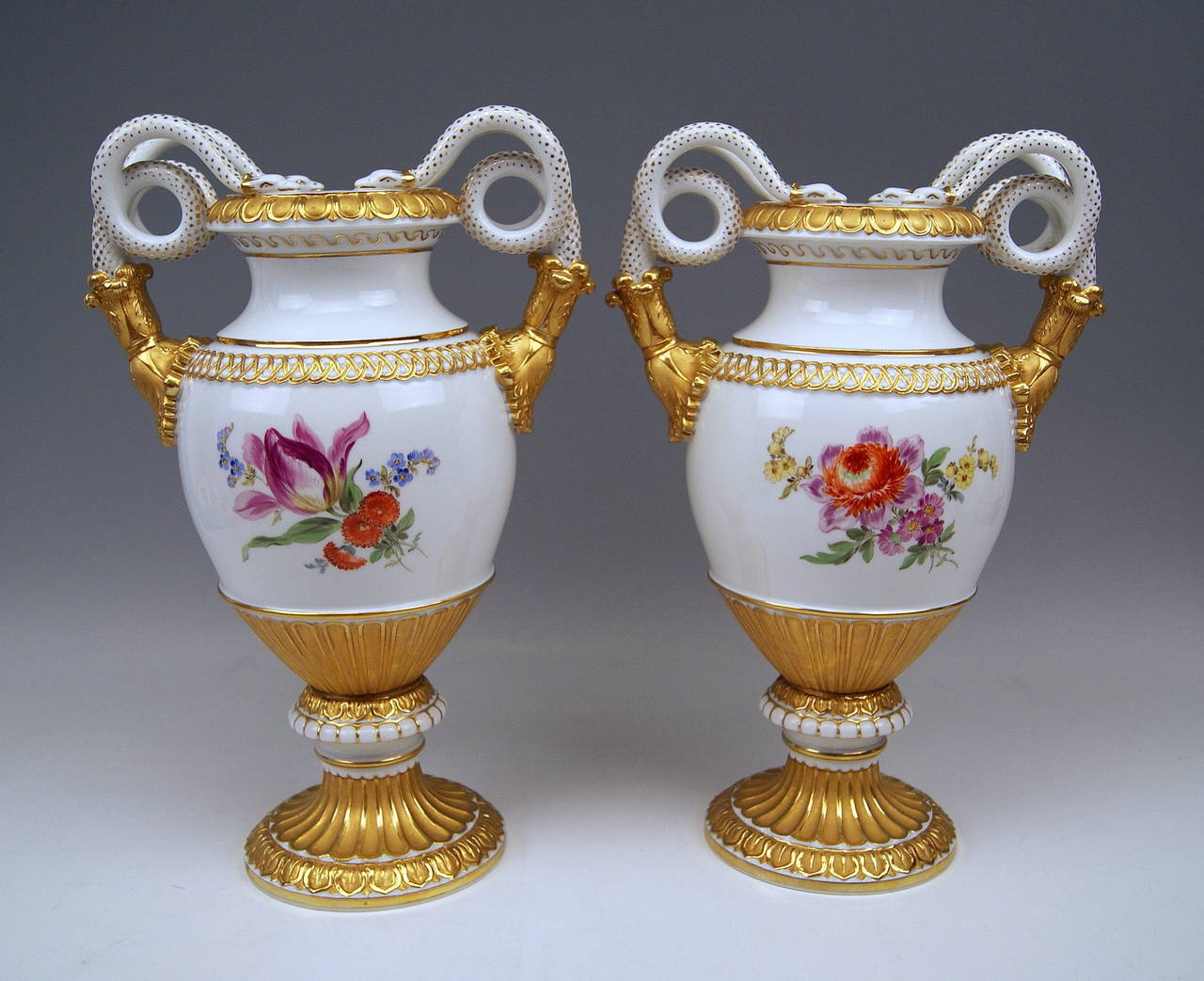 Meissen Gorgeous Tall Snake Handles Vases of remarkable size
height:  38.5 cm  ( = circa 15.4 inches ) 
width  (measured from one handle to other): 
25.0 cm   ( = circa  10.0  inches )
diameter of base:  14 cm   ( = circa 5.6  inches )