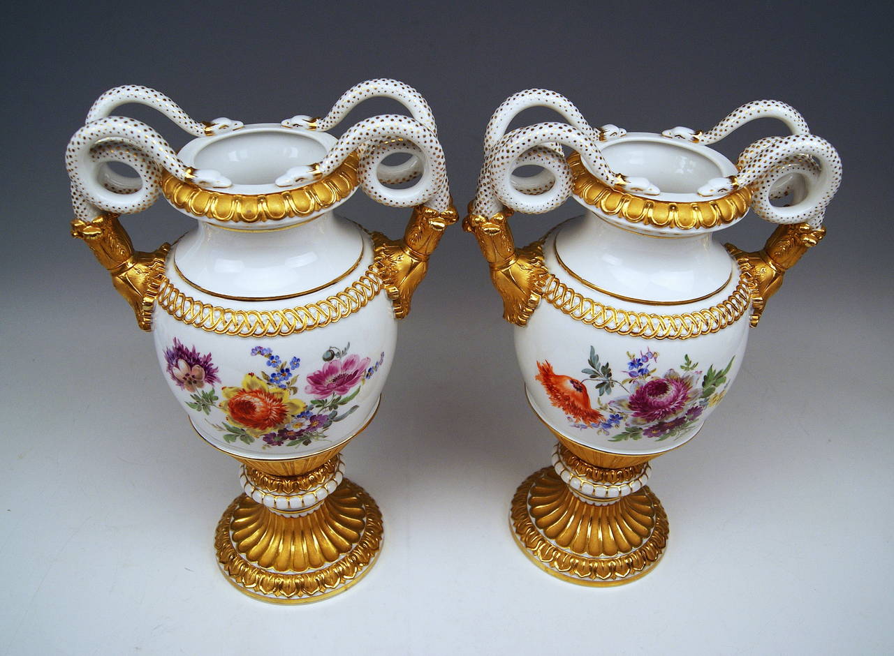Neoclassical Meissen Pair of Snake Handle Vases with Flowers, circa 1924-1934