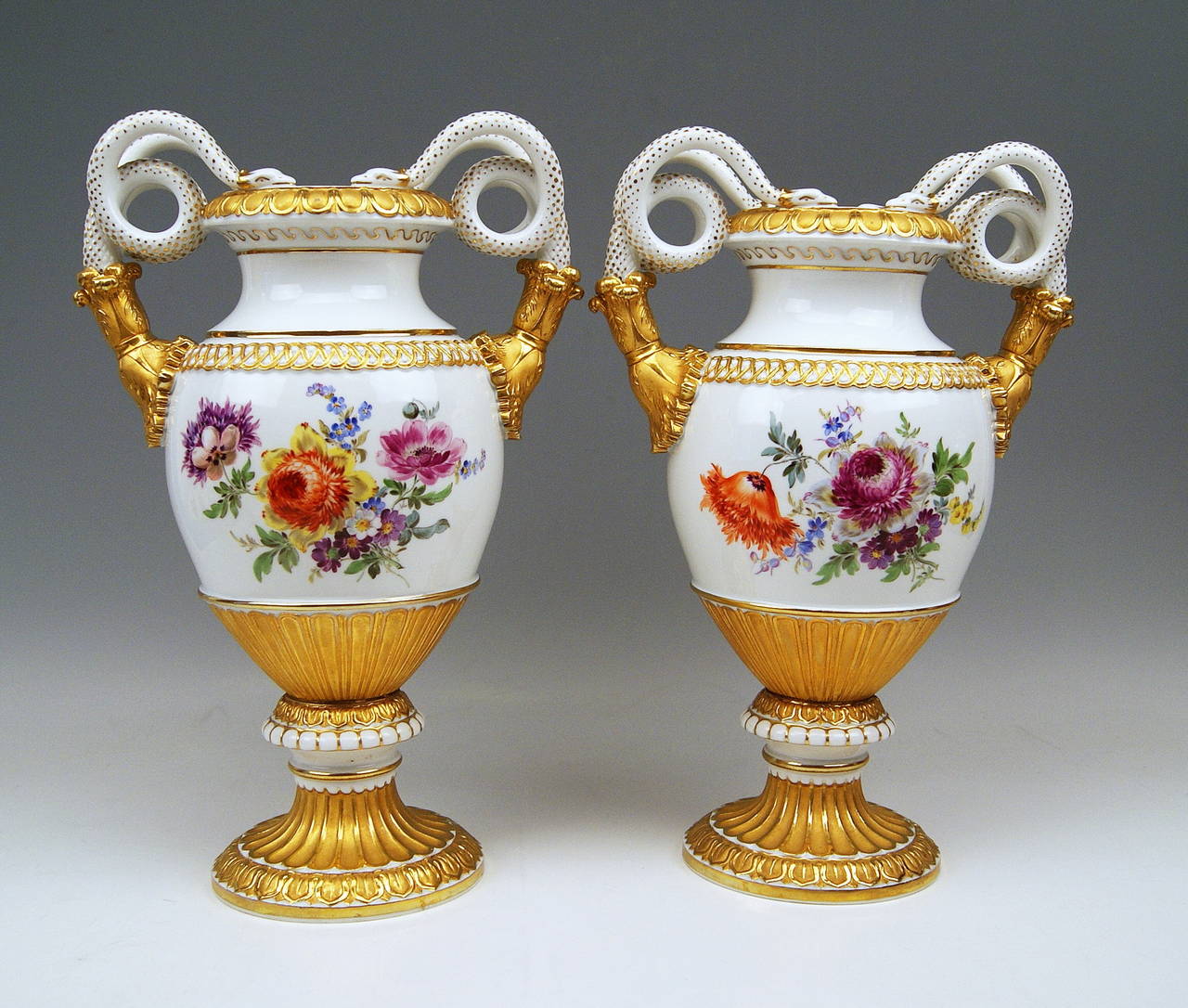 German Meissen Pair of Snake Handle Vases with Flowers, circa 1924-1934