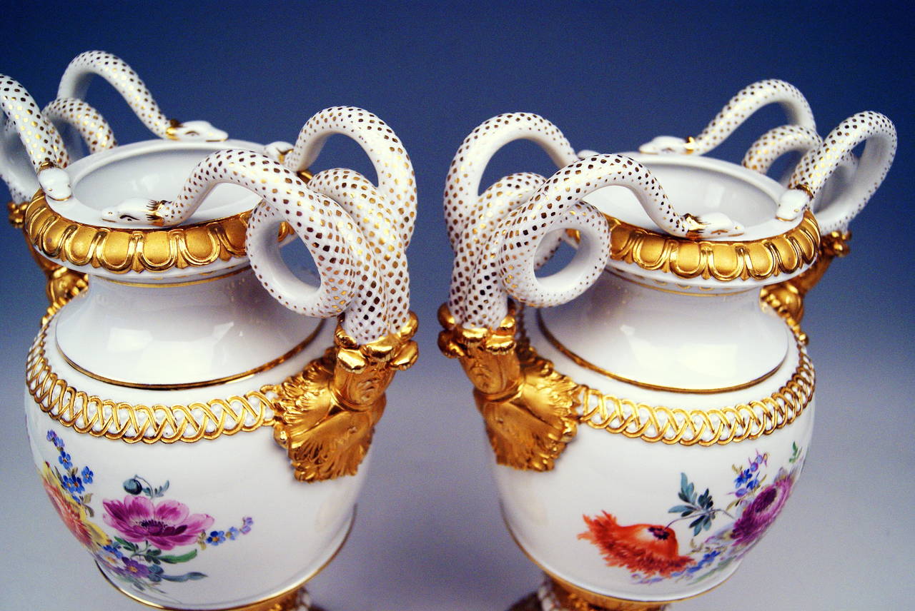 Glazed Meissen Pair of Snake Handle Vases with Flowers, circa 1924-1934