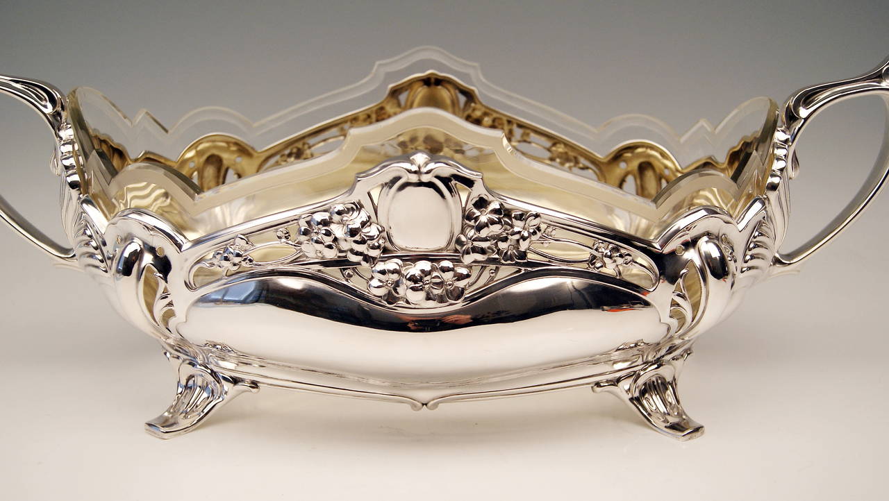 Carved Silver Art Nouveau German Large Flower Bowl Glass Liner by Bruckmann cirac 1900