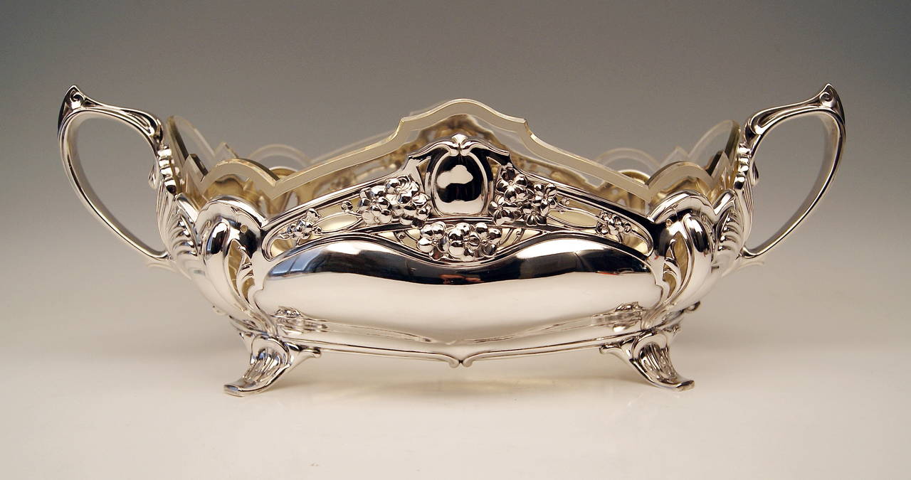 Silver Art Nouveau German Large Flower Bowl Glass Liner by Bruckmann cirac 1900 1
