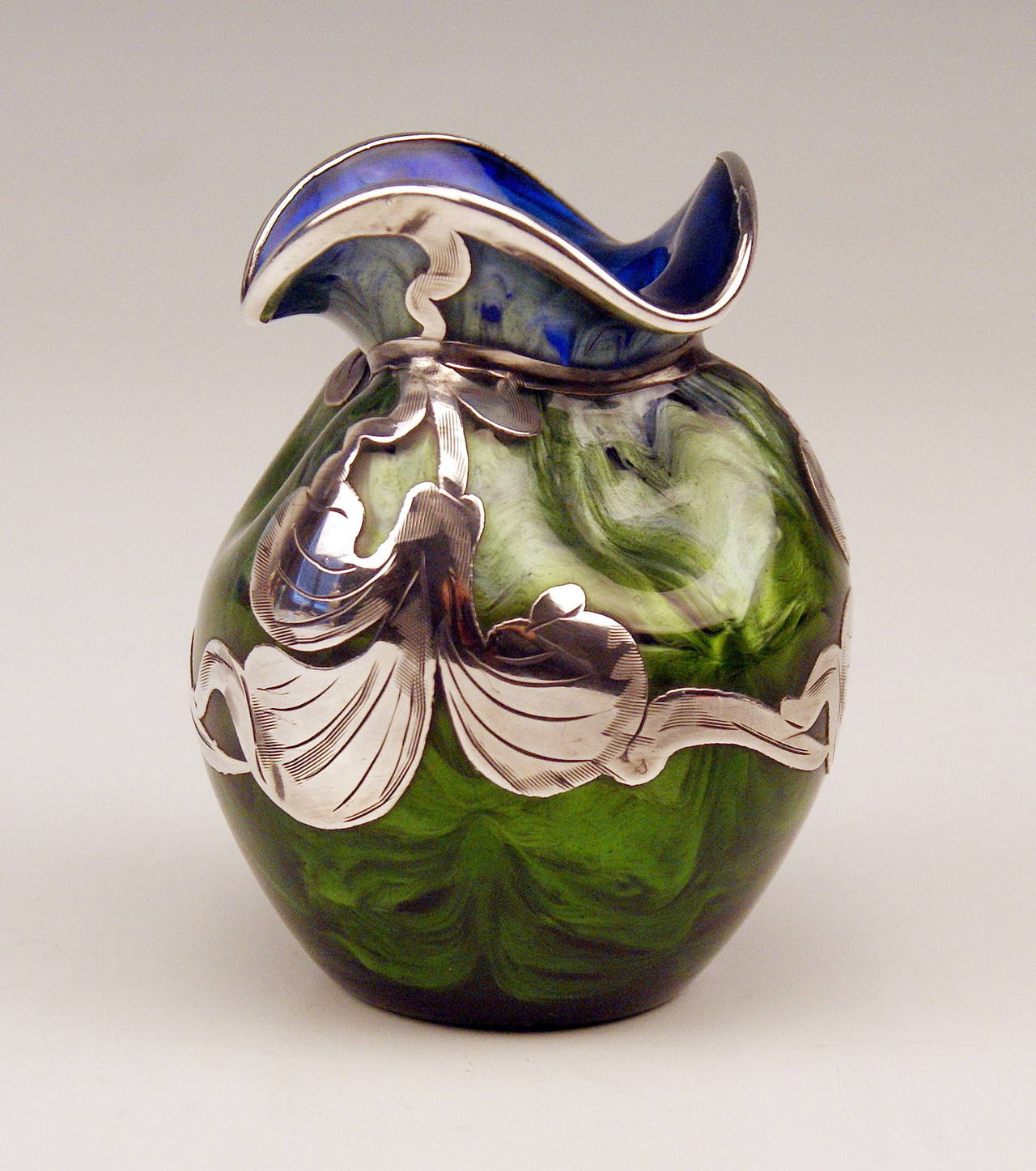Austrian Vase Loetz Widow Art Nouveau, Titania Cobalt Blue Silver Overlay, circa 1905