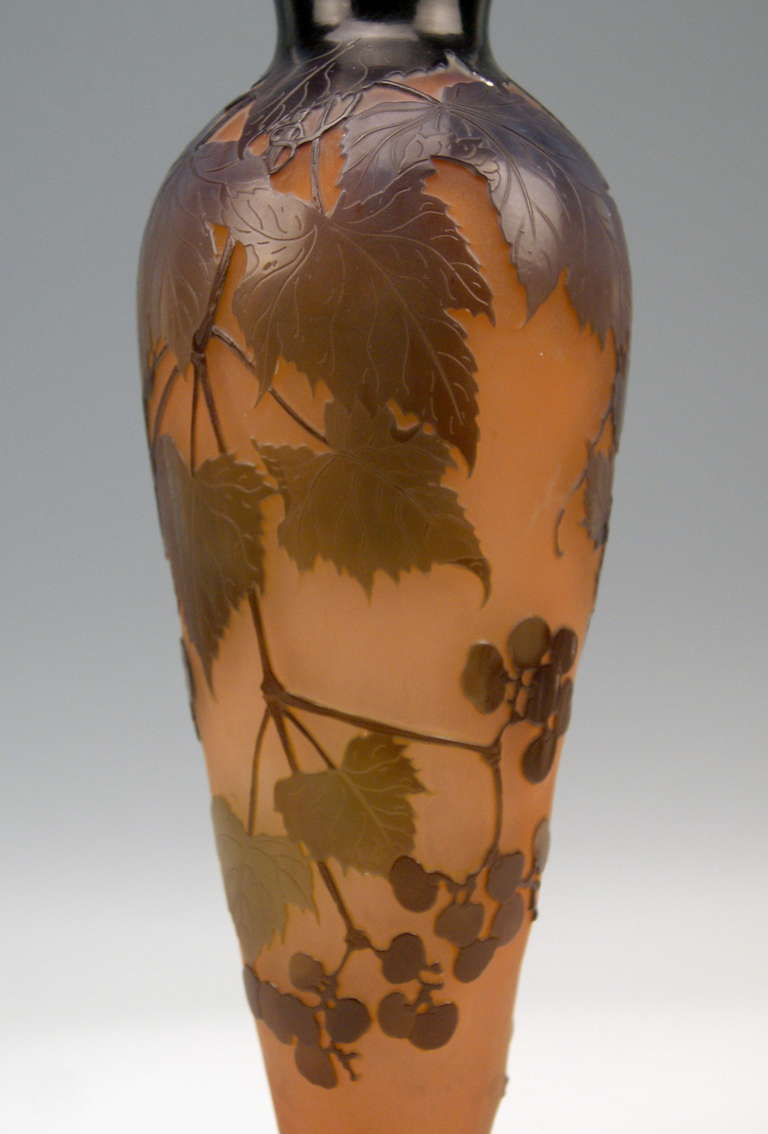 20th Century Gallé Nancy Tall Vase with Wine Grapes Art Nouveau France Lorraine c. 1920