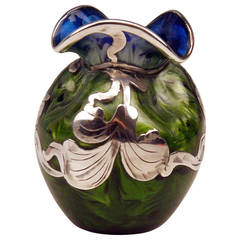 Vase Loetz Widow Art Nouveau, Titania Cobalt Blue Silver Overlay, circa 1905