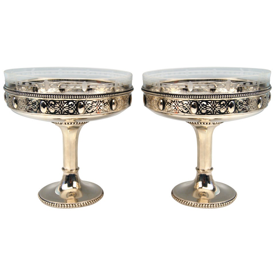 Silver German Pair of Centerpieces with Original Glass Liners circa 1900