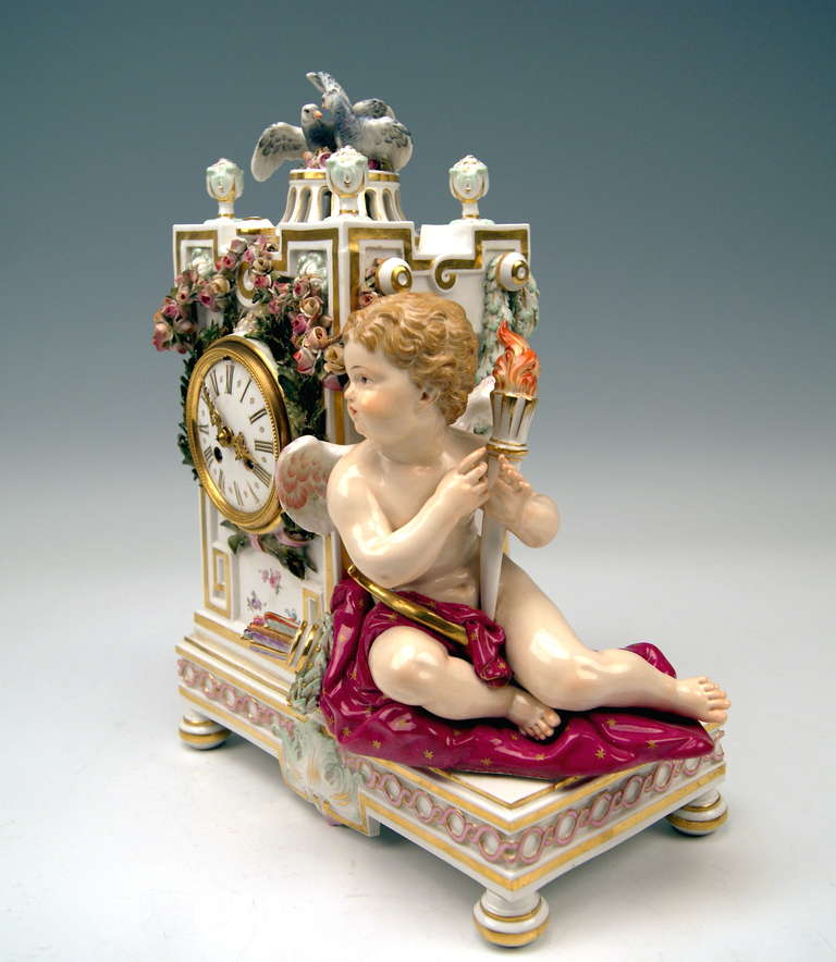 MARKS: 
 THIS MEISSEN TABLE CLOCK IS MARKED BY MEISSEN SWORD MARK  (UNDERGLAZED) OF 19TH CENTURY  (POMMELS ON HILTS). 
  FIRST QUALITY

  MODEL NUMBER  F 36     FORMER'S NUMBER   43       PAINTER'S NUMBER  28

 The CLOCK'S CASE is put on