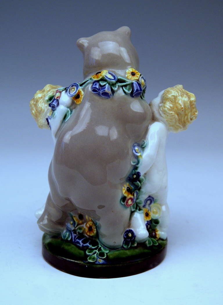 Glazed Michael Powolny Lovely Vienna Cherub Figurines Supporting Bear, circa 1907
