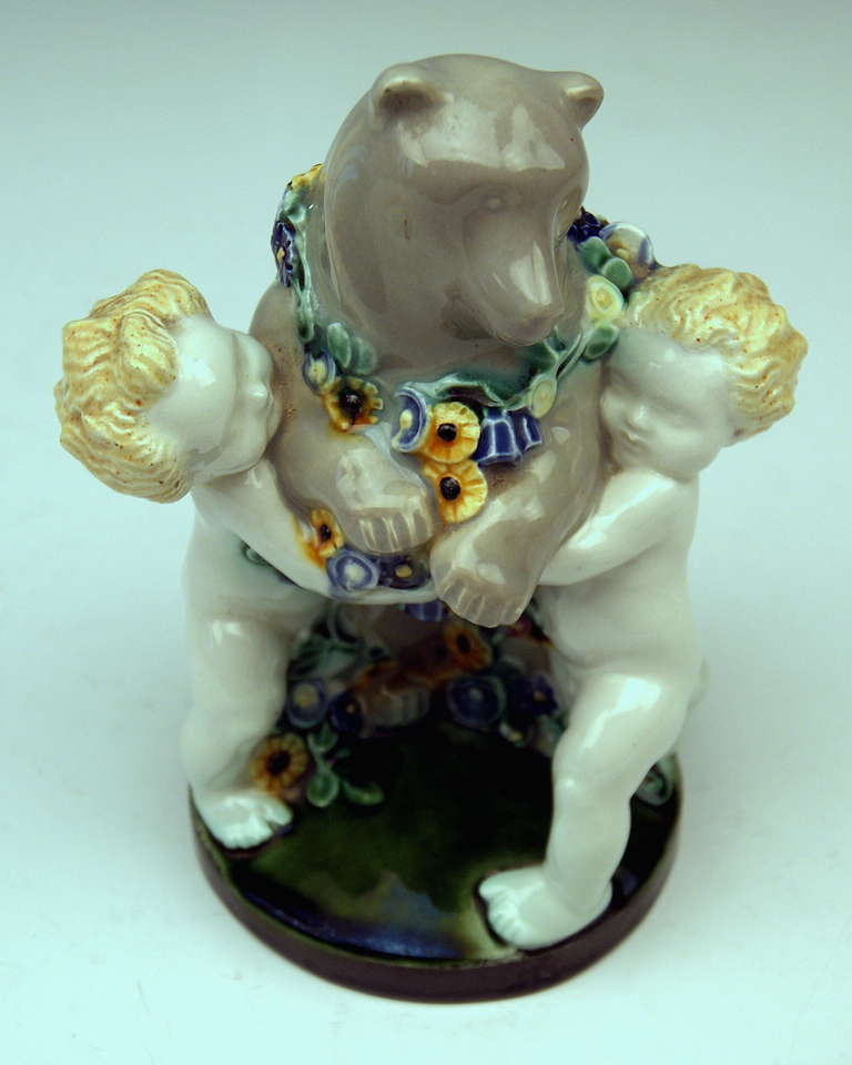 Michael Powolny Lovely Vienna Cherub Figurines Supporting Bear, circa 1907 1