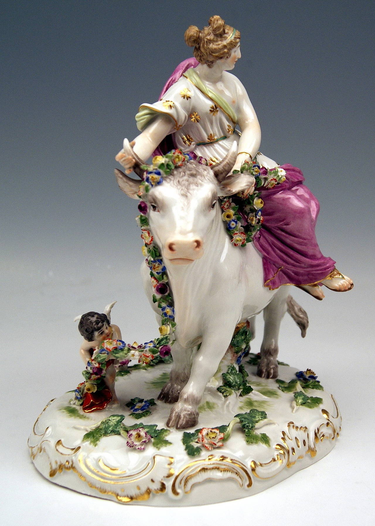 Meissen Gorgeous Figurine Group: 
'EUROPE RIDING ON WHITE BULL'

manufactured circa 1900

SPECIFICATIONS:
Europe is sitting on the huge bull which is metamorphosed Greek God Zeus who had fallen in love with her  (for this reason Zeus had