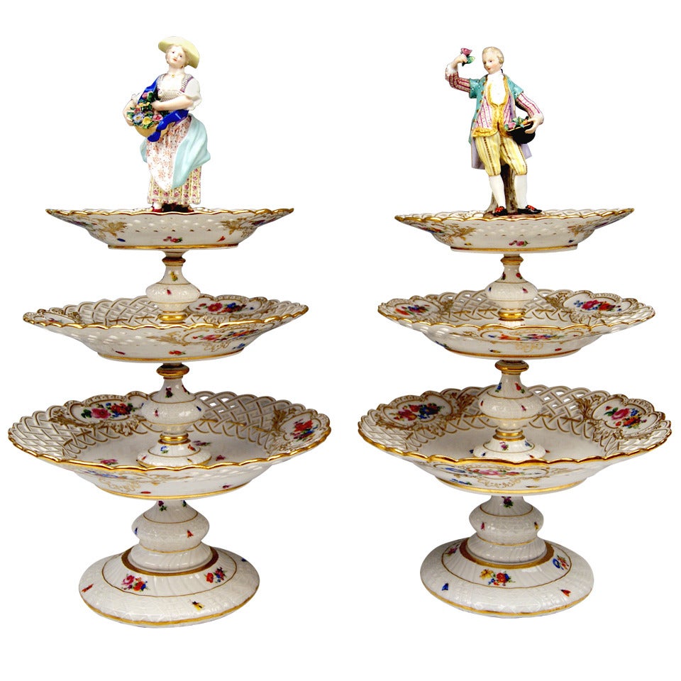 Meissen Pair of Centrepieces, Each Crowned by Sculptured Figurines circa 1870