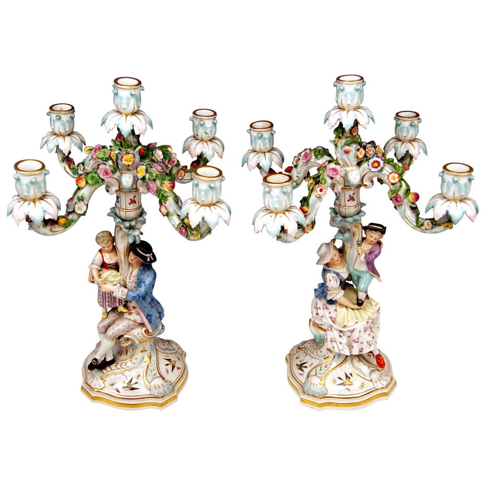 Meissen Pair of Tall Candlesticks  Each of Them Having Five Grommets circa 1870