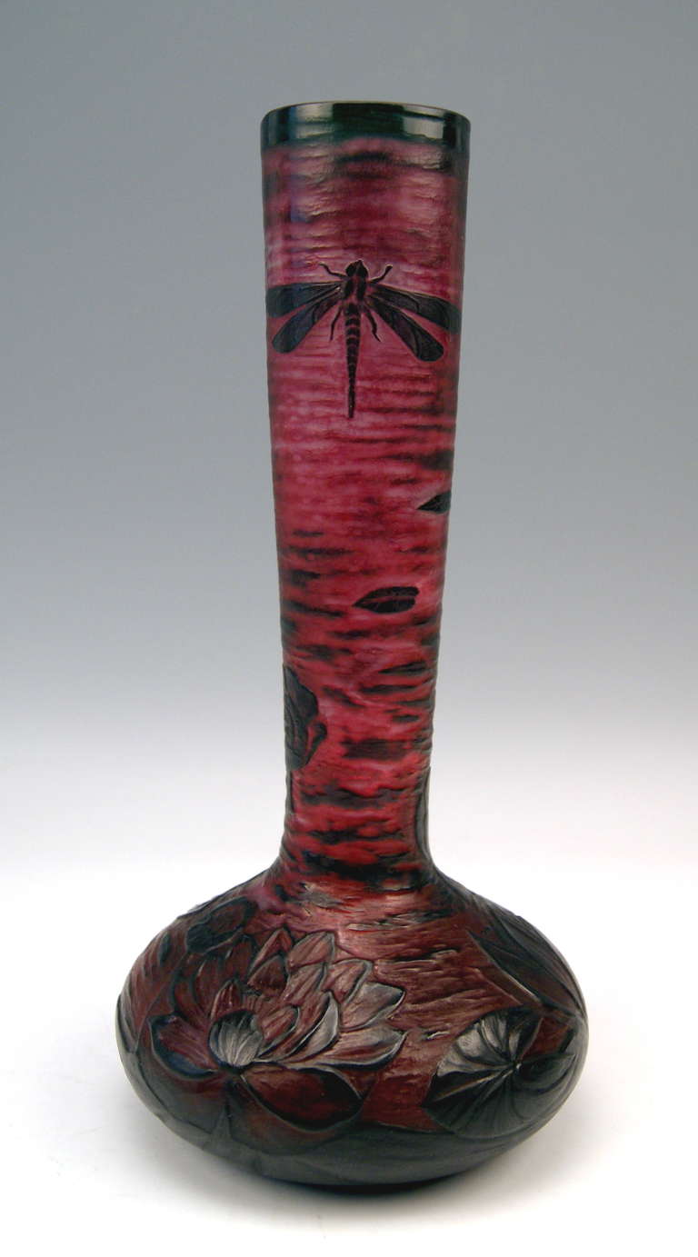 Daum Nancy Tall Stalky Vase with Dragonfly and Water Lilies Art Nouveau France