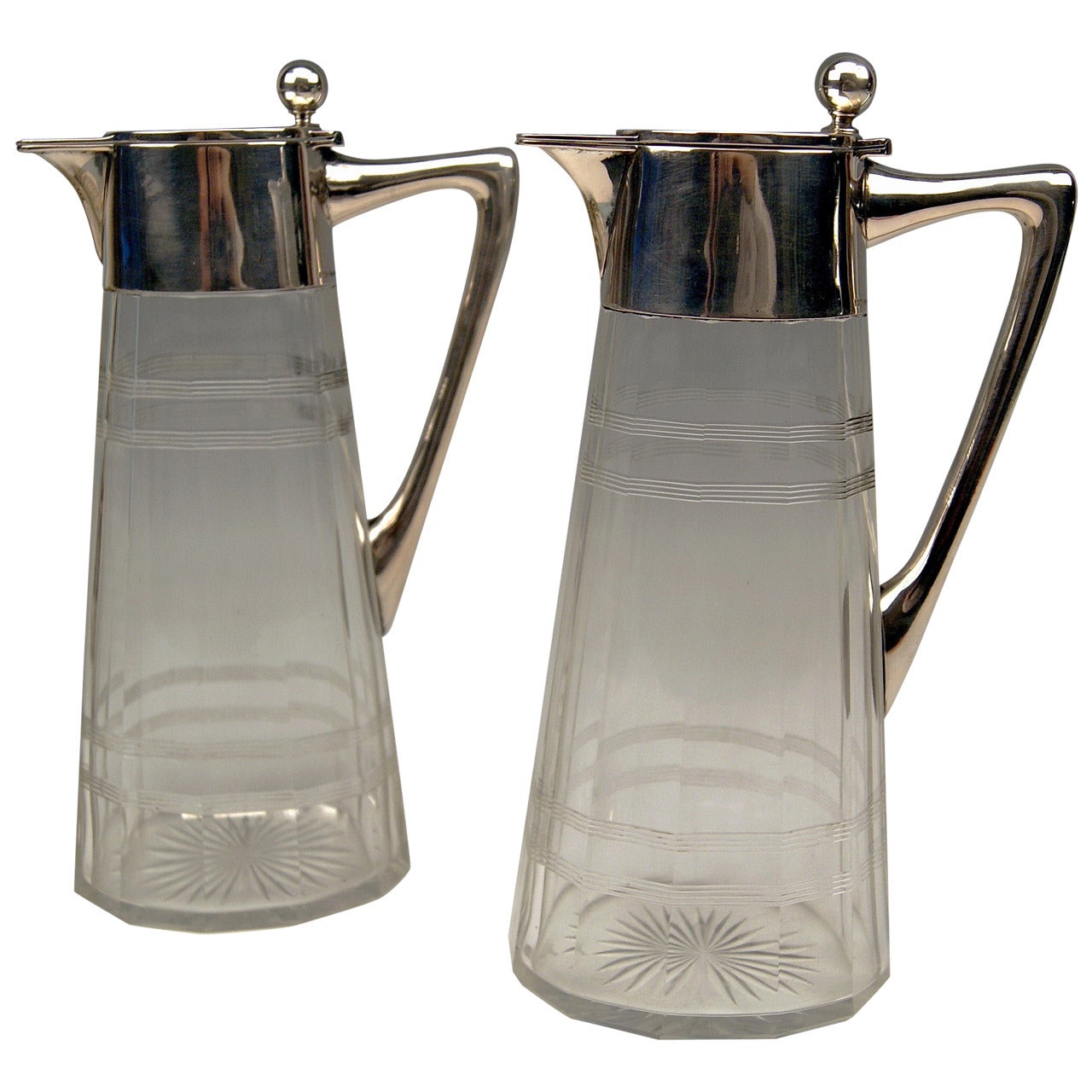 Silver Art Nouveau German Pair of Glass Decanters by Wilhelm Binder, 1900