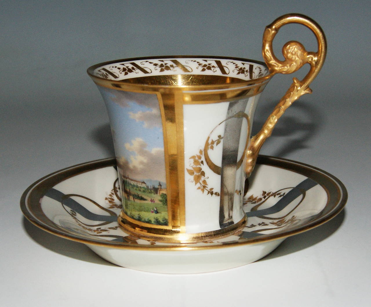 Austrian Imperial Porcelain Cup and Saucer with Landscape Scene, Vienna, 1819