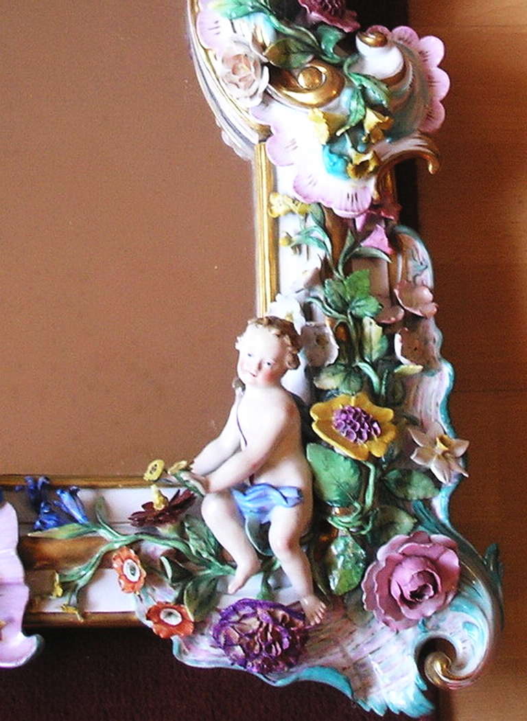 Painted Meissen Gorgeous Huge Pier Glass/Mirror with Cherubs and Flowers, circa 1850