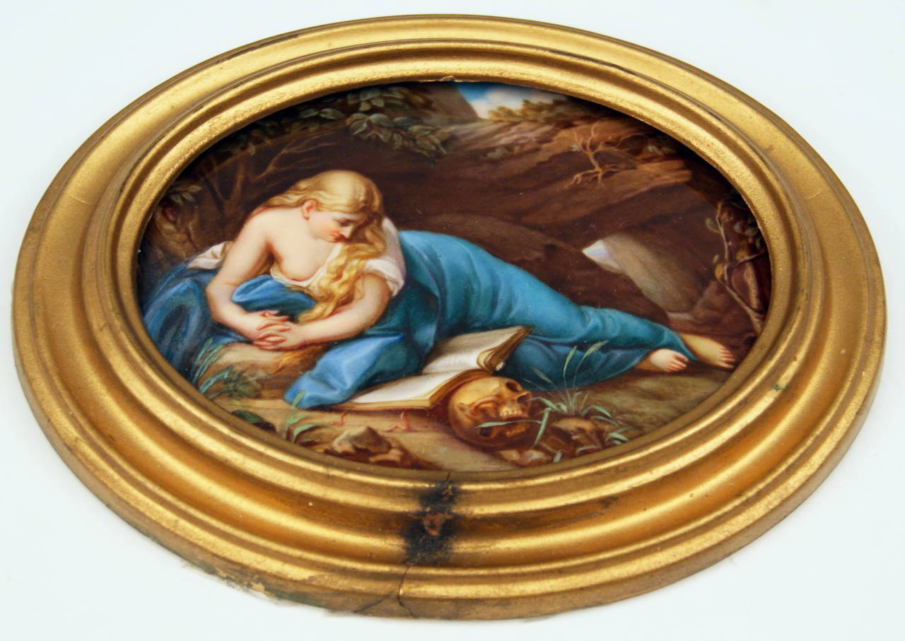 Meissen Oval Picture Plate with Gorgeous Painting:
Allegory of Perishability 
  
Manufactory: Meissen
Hallmarked:  
Blue Meissen Sword Mark with Pommels on Hilts  (reverse side not glazed)
MODEL NUMBER   W  51
former's number  existing, but