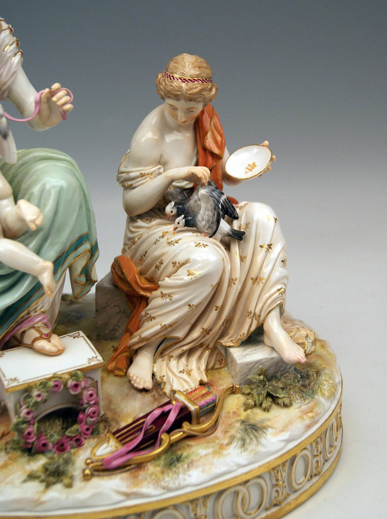 Painted Meissen Large Mythologic Group Captivation of Cupid by Juechtzer, circa 1870