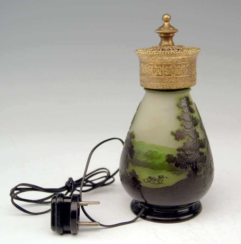 Galle Nancy Table Lamp Woody Landscape Art Nouveau France Lorraine, ca 1906-14