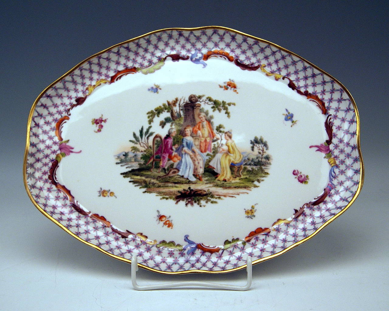 We  invite you here to look at a  splendid Meissen Dejeuner  /  Mocha Set for two persons: 

This mocha set is of  FINEST APPEARANCE  due to gorgeous paintings of WATTEAU TYPE: Gallant Noblemen and noble ladies surrounded by idyllic / bucolic