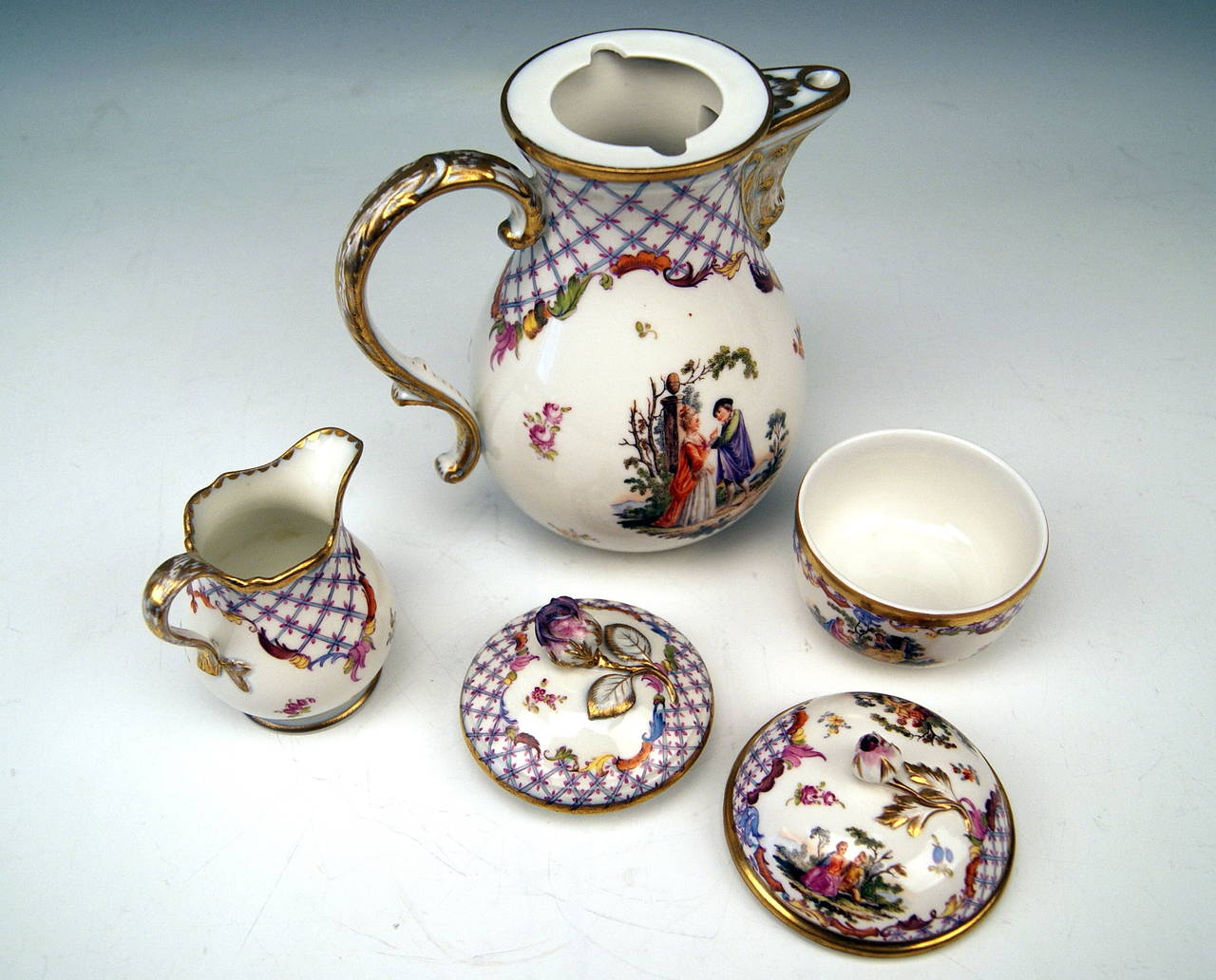 Meissen Dejeuner Mocha Set for Two Persons, Painted after Watteau, circa 1850 In Good Condition In Vienna, AT