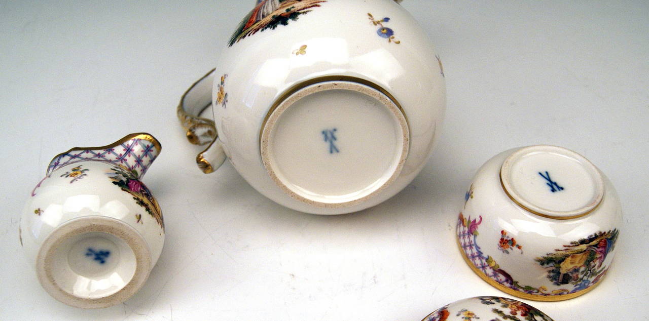Mid-19th Century Meissen Dejeuner Mocha Set for Two Persons, Painted after Watteau, circa 1850