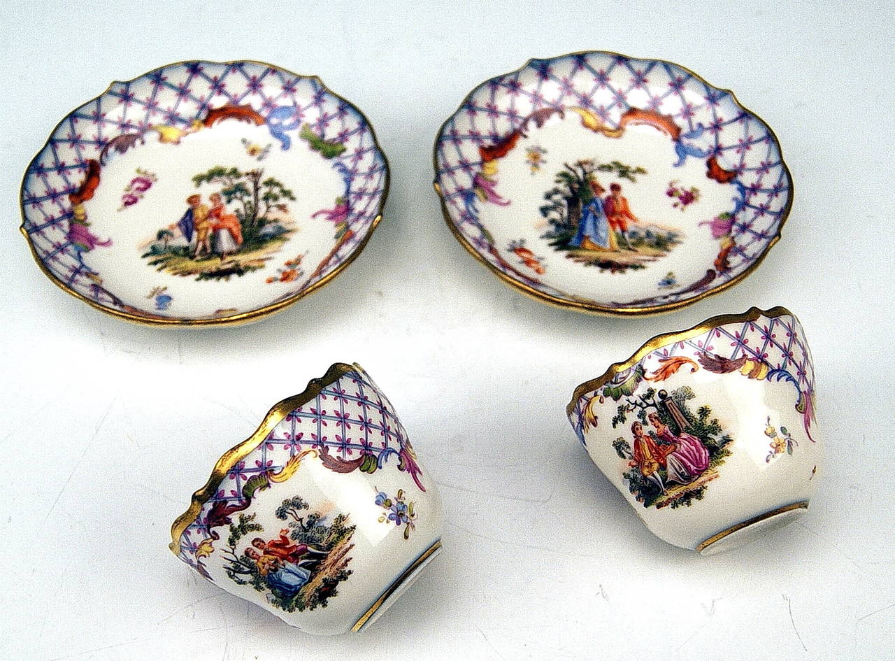 Meissen Dejeuner Mocha Set for Two Persons, Painted after Watteau, circa 1850 2