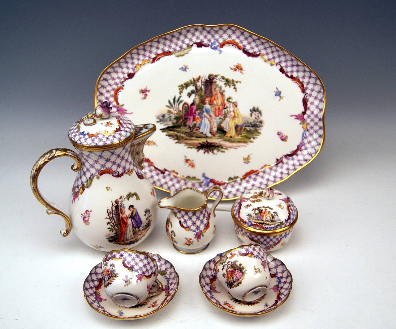 Meissen Dejeuner Mocha Set for Two Persons, Painted after Watteau, circa 1850 3
