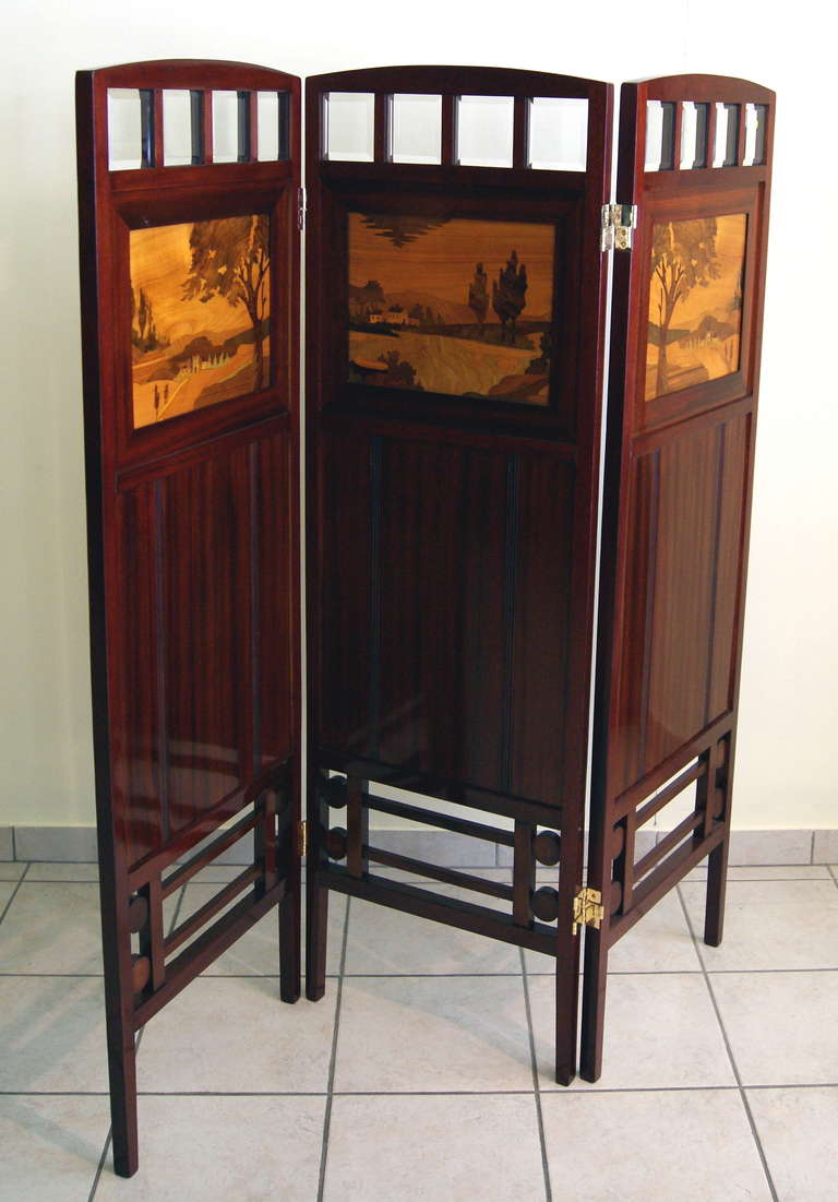 Art Nouveau Viennese stunning folding screen 
Made circa 1900

EXPLANATION:
A folding screen is a type of free-standing furniture. It consists of several frames or panels, which are often connected by hinges or by other means. 
It can be made