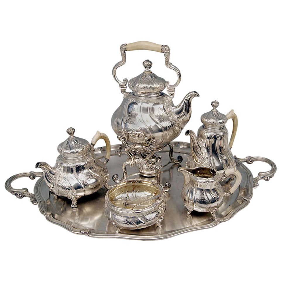 Silver Coffee Tea Set with Tray and Kettle, 278.65 oz, Germany, c. 1890
