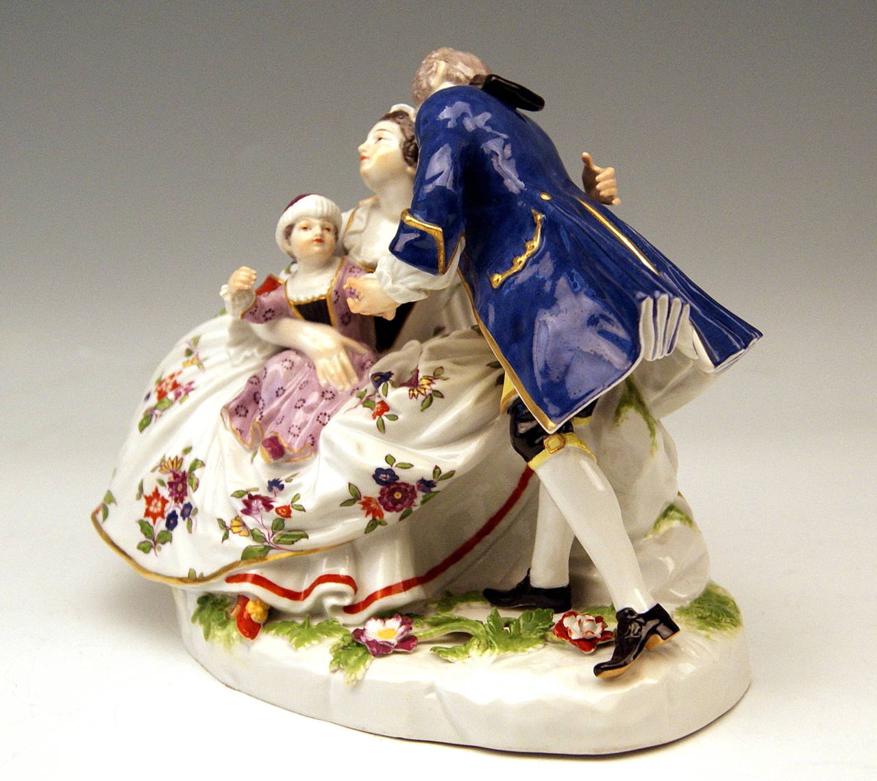Meissen Gorgeous Figurine Group created by Johann Joachim Kaendler 
(1706 - 1775)  around the year 1744:  so-said  ‘the Lucky Family’,    
Meissen Figurine Group of Noble Family: A Noble Couple With Child. 

Meissen porcelain groups with female