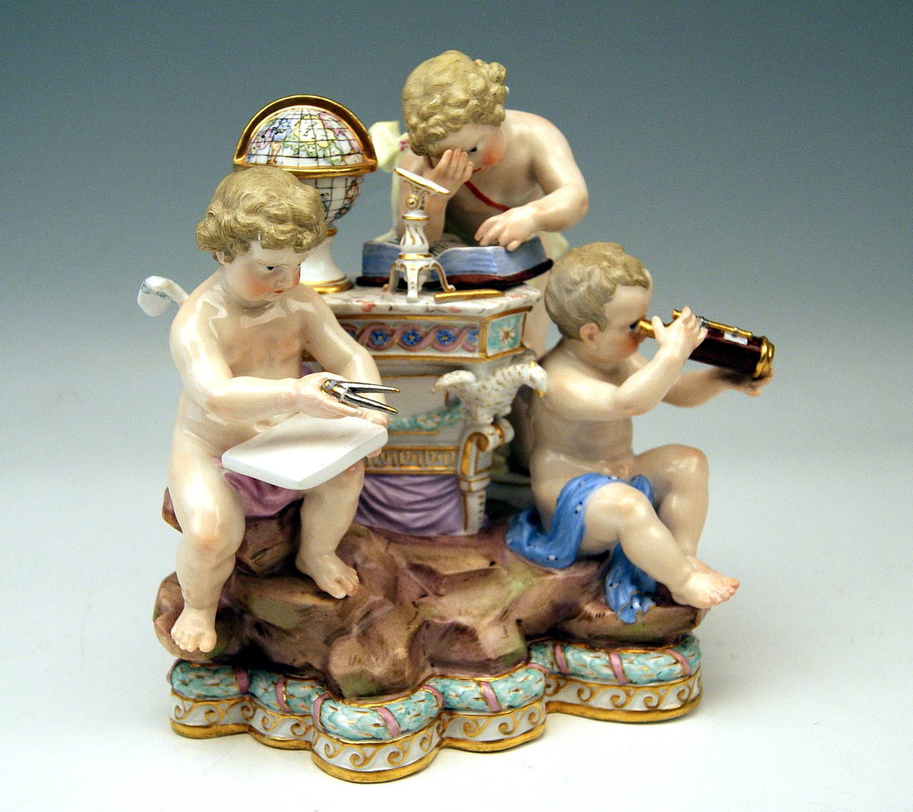 Meissen Gorgeous Figurine Group created by Michel Victor ACIER
(1736 - 1799)  around the year 1774:  ALLEGORY OF ASTRONOMY 

SPECIFICATIONS:
Three lovely cherubs personify ASTRONOMY: 
One of them is going to caliper planetary orbits on a white