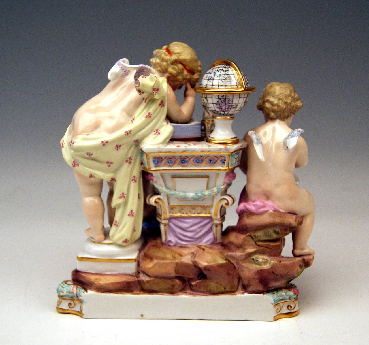 Painted MEISSEN LOVELY FIGURINE GROUP BY ACIER ALLEGORY OF ASTRONOMY c. 1870