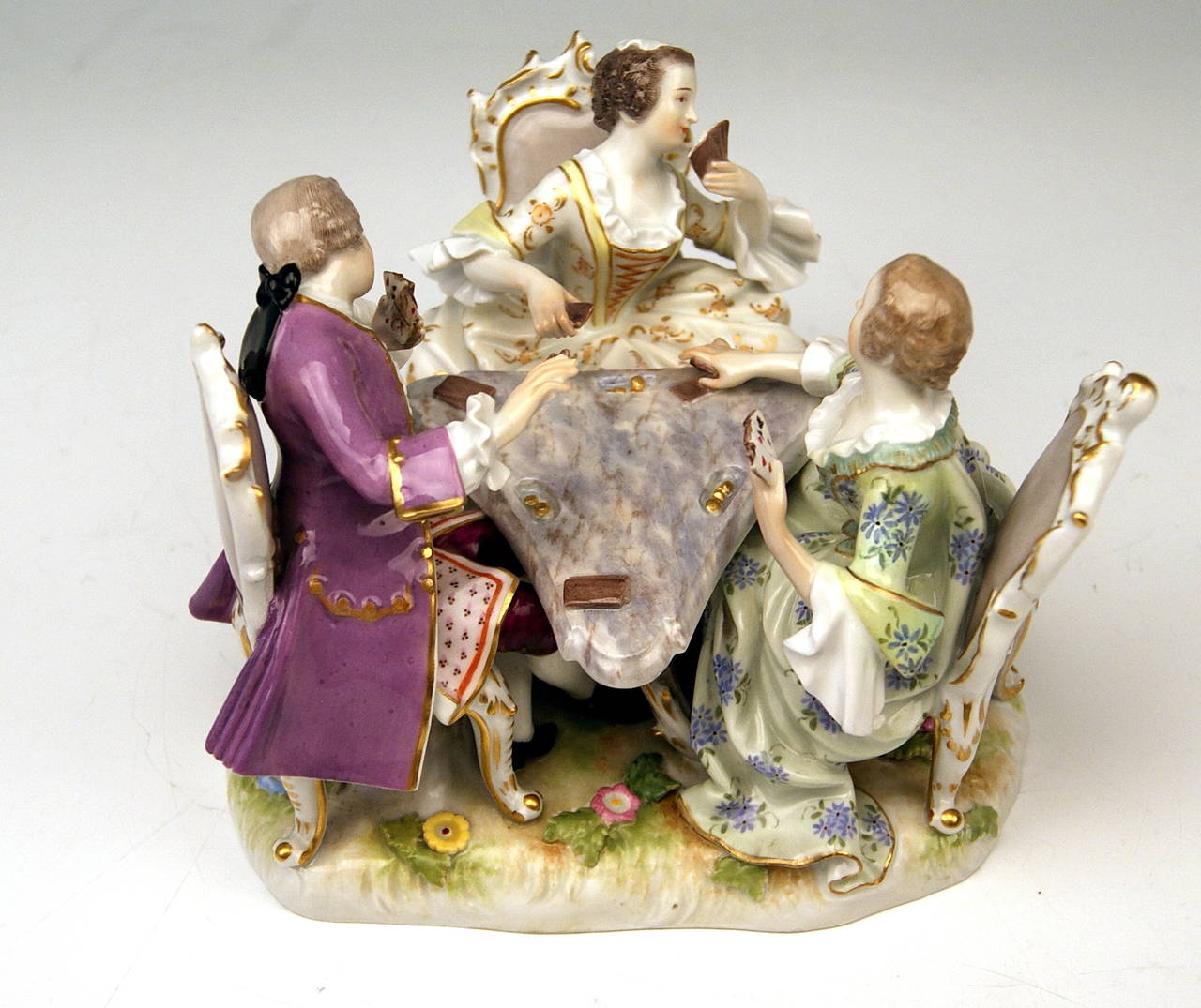 Painted MEISSEN FIGURINE GROUP BY KAENDLER THREE CARD PLAYERS GALLANT FIGURINES  c. 1860