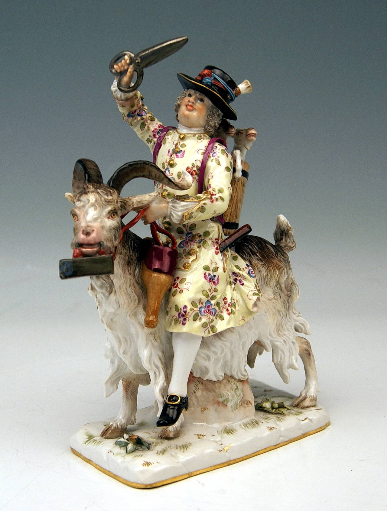 Rococo Meissen Figurine Group by Kändler Tailor of Count Bruehl on a Goat, circa 1870