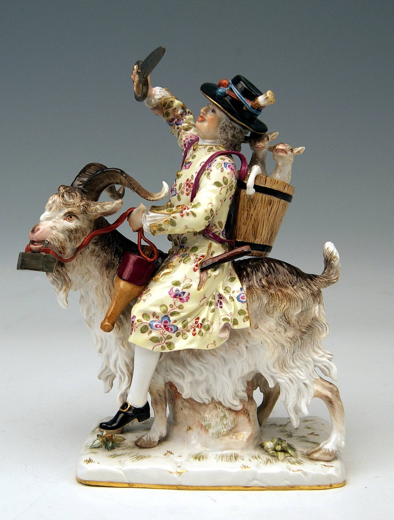 German Meissen Figurine Group by Kändler Tailor of Count Bruehl on a Goat, circa 1870