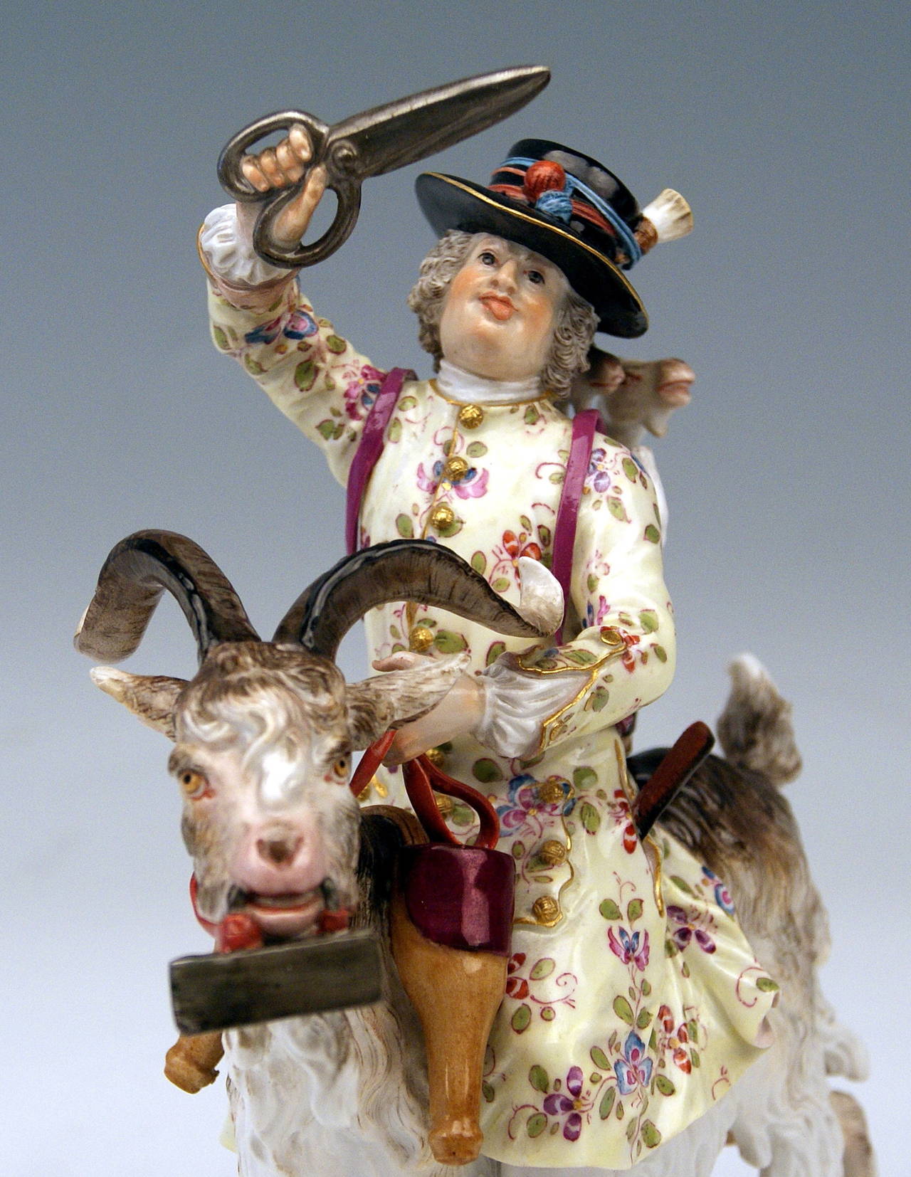 Painted Meissen Figurine Group by Kändler Tailor of Count Bruehl on a Goat, circa 1870