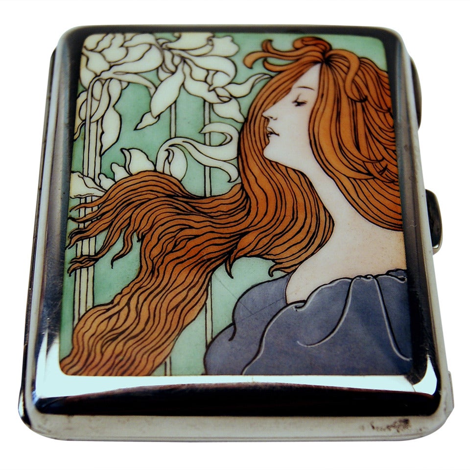 Austrian Silver Art Nouveau Cigarette Box  Enamel Painting Mucha Style ca1900