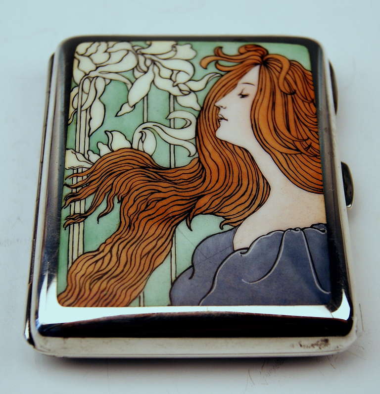 AUSTRIAN GORGEOUS SILVER ART NOUVEAU CIGARETTE BOX    (GILDED INSIDE)
 Art Nouveau Period   /   made circa 1900

 DECORATED WITH STUNNING ENAMEL PAINTING, STRONGLY INFLUENCED BY WORK OF ALFONS MUCHA: 
 Alfons Maria Mucha  (1860 – 1939), often