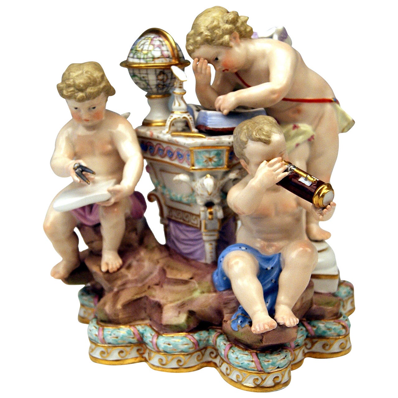 MEISSEN LOVELY FIGURINE GROUP BY ACIER ALLEGORY OF ASTRONOMY c. 1870