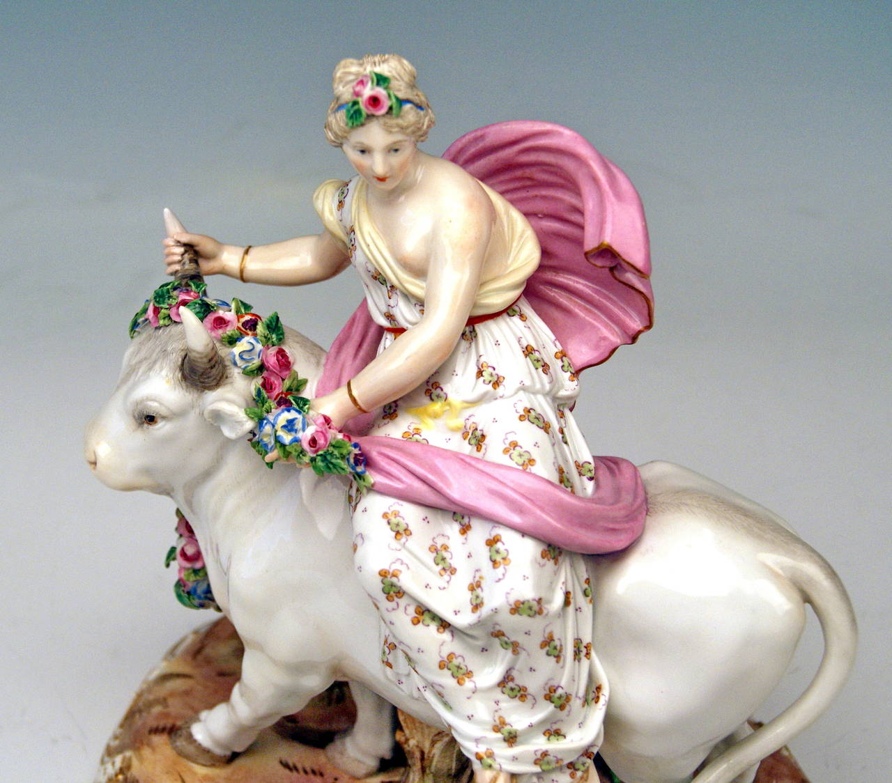 Painted Meissen Rare Figurine Group of Europe Riding on a White Bull, circa 1880