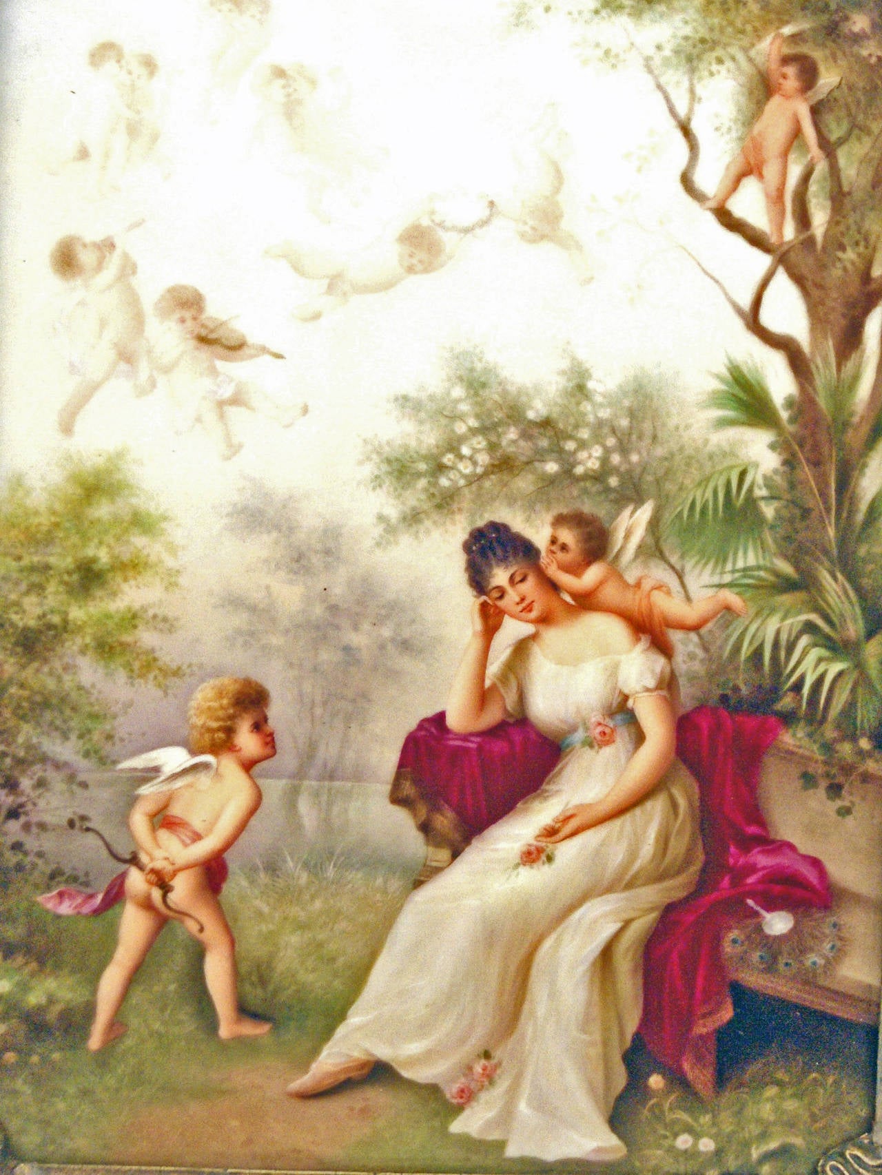 KPM Berlin Gorgeous Porcelain Picture Painting:
The picture plate shows a romantic / fantastical natural surroundings where a lady wearing a white elegant dress in style of circa 1850 - being of soft and fine impression - has sat down on a stony