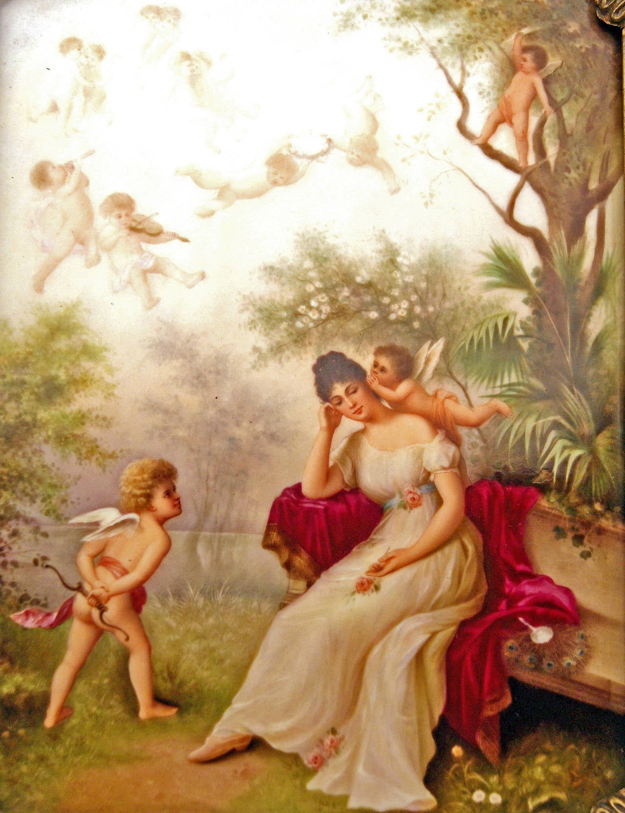 Porcelain KPM Berlin Picture Plate Woman Cherubs Romantic Landscape Circle with Kray, 1875